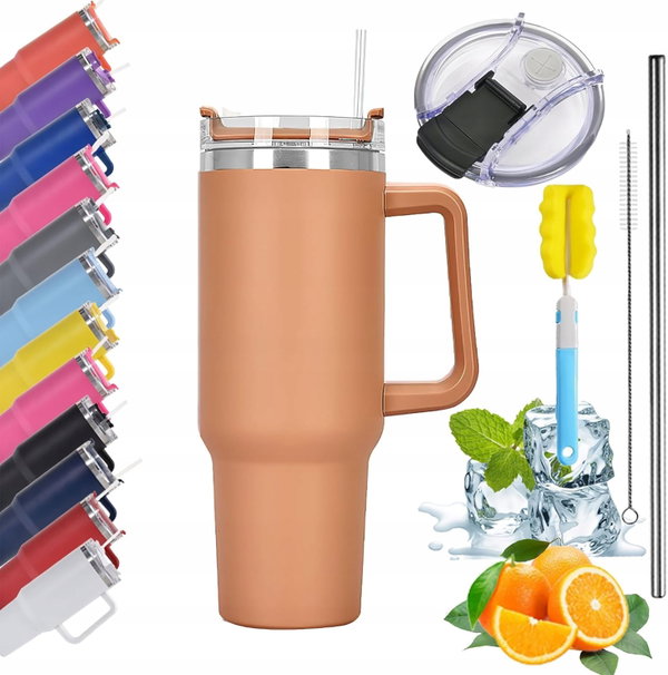 Kubek termiczny termos ze słomką 1200 ml z uchwytem ze stali Zestaw