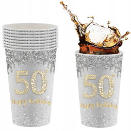 Kubki papierowe 16 sztuk srebrne- 50 urodziny Happy Birthday 250ml POPOYU