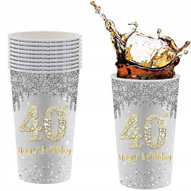 Kubki papierowe 16 sztuk srebrne- 40 urodziny Happy Birthday 250ml POPOYU