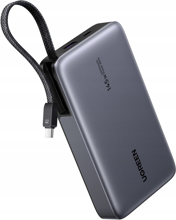UGREEN PB551 Szybki Powerbank 20000mAh 145W USB-C+USB Wbudowany Kabel Szary