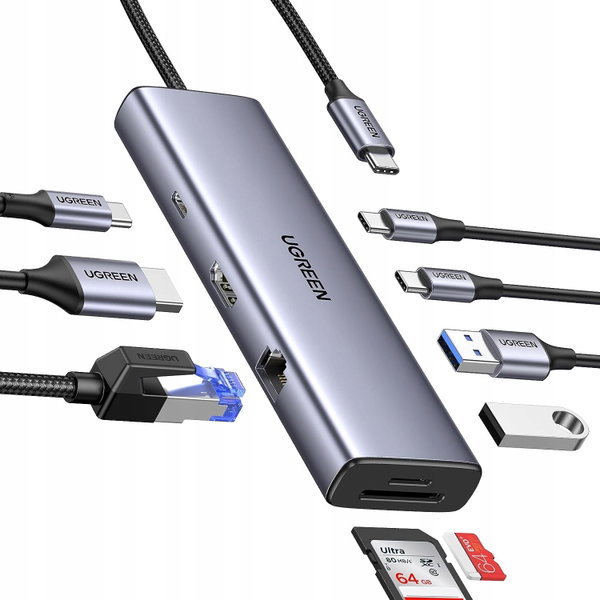 Ugreen Rozdzielacz Hub USB-C CM498 3x USB HDMI VGA RJ45 SD/TF PD 100W