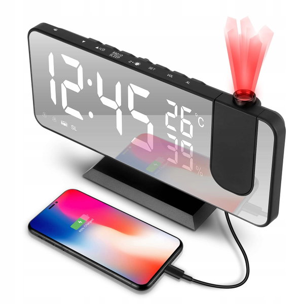 BUDZIK ZEGAR ELEKTRONICZNY LED Termometr Higrometr - Radio FM - Timer