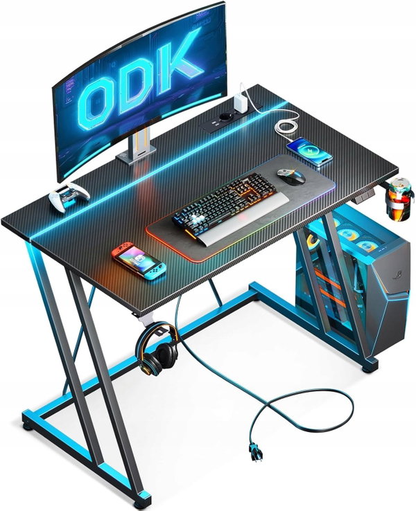 BIURKO GAMERSKIE LED 80X50CM GNIAZDKO CZARNE
