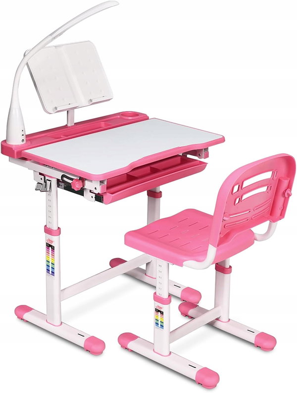 BIURKO SZKOLNE REGULOWANE Z KRZESŁEM I LAMPKA RÓŻOWE