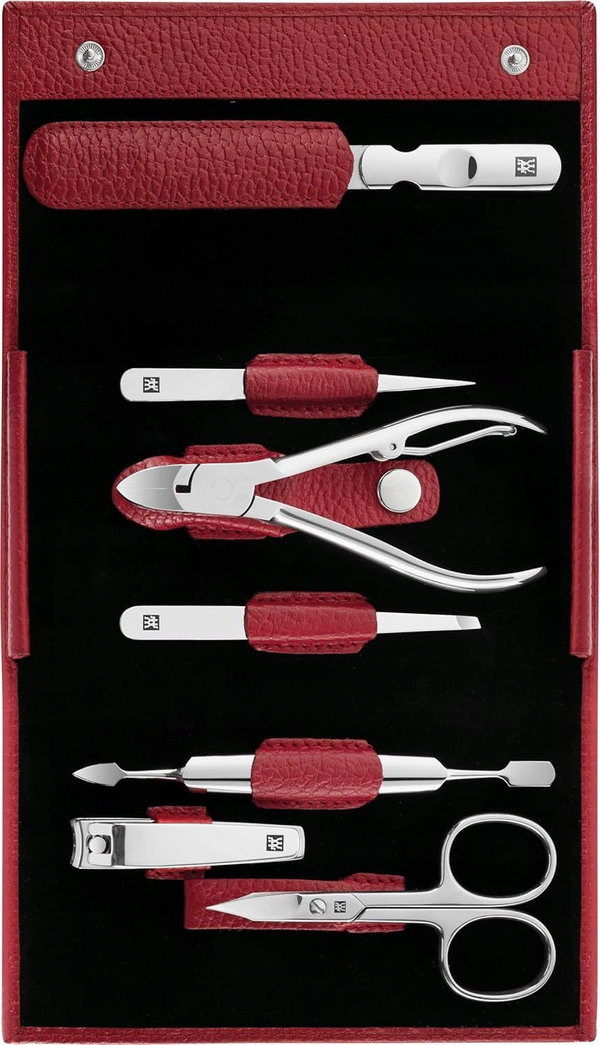 MANICURE I PEDICURE 7-ELEMENTOWY W ETUI SKÓRZANYM CZERWONYM