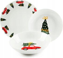 ZASTAWA OBIADOWA ŚWIĄTECZNA PORCELANOWA 18-CZĘŚCIOWA Z MOTYWEM SKRZATÓW