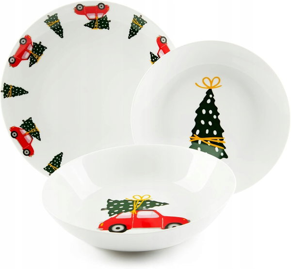 ZASTAWA OBIADOWA ŚWIĄTECZNA PORCELANOWA 18-CZĘŚCIOWA Z MOTYWEM SKRZATÓW