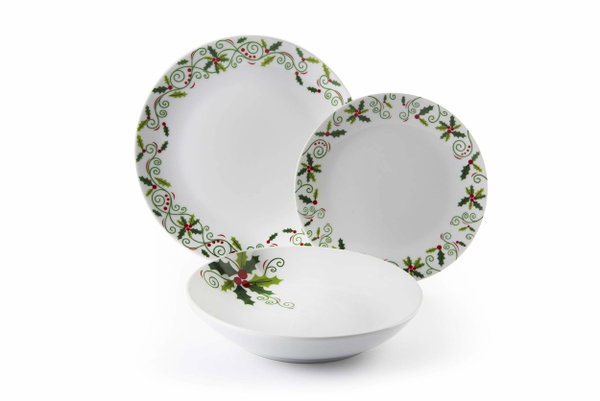 ZASTAWA OBIADOWA ŚWIĄTECZNA PORCELANOWA 18-CZĘŚCIOWA Z DEKOREM HOLLY