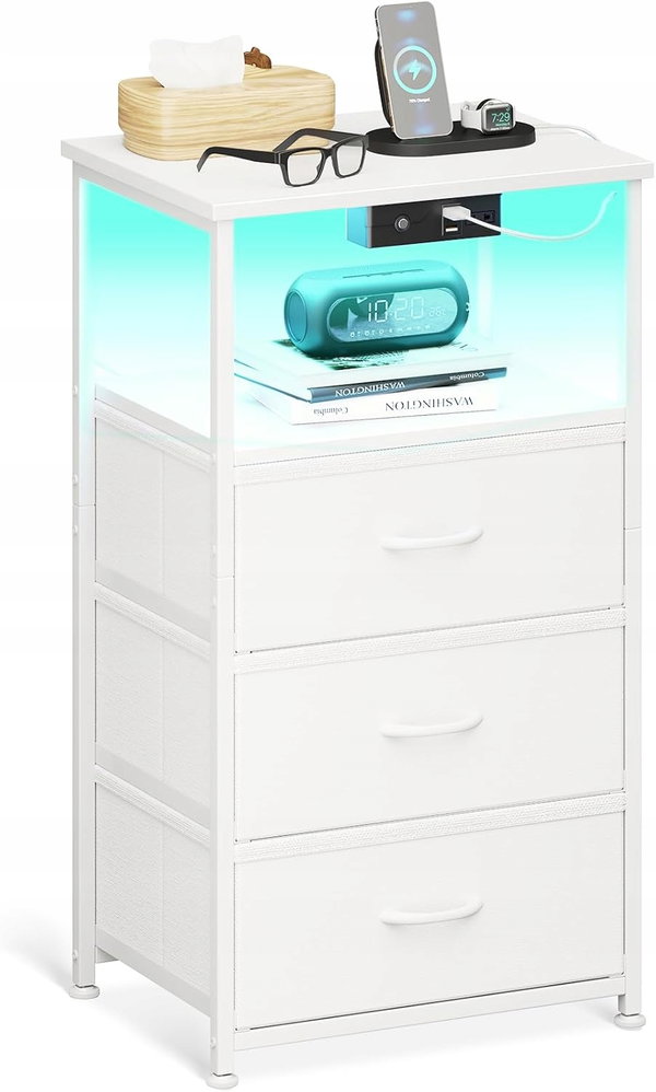 STOLIK NOCNY Z GNIAZDKIEM USB I LED 3 SZUFLADY 70CM