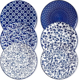 TALERZE OBIADOWE PORCELANOWE 6 SZT NIEBIESKO-BIAŁE DO ZMYWARKI