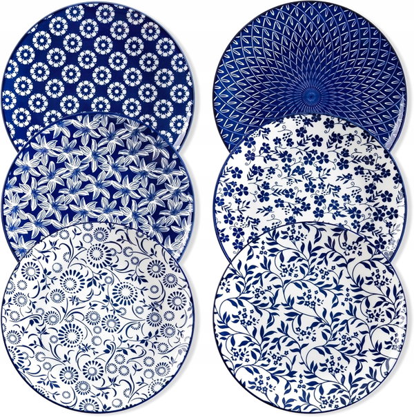 TALERZE OBIADOWE PORCELANOWE 6 SZT NIEBIESKO-BIAŁE DO ZMYWARKI