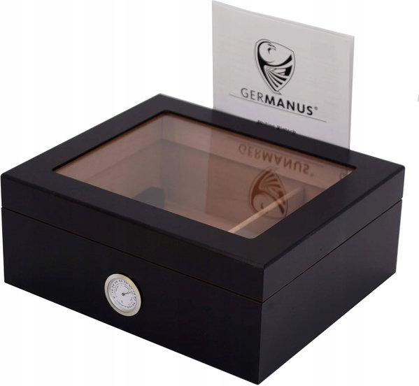 HUMIDOR DREWNIANY NA OK. 50 CYGAR Z SZKLANYM WIECZKIEM I HIGROMETREM CZARNY