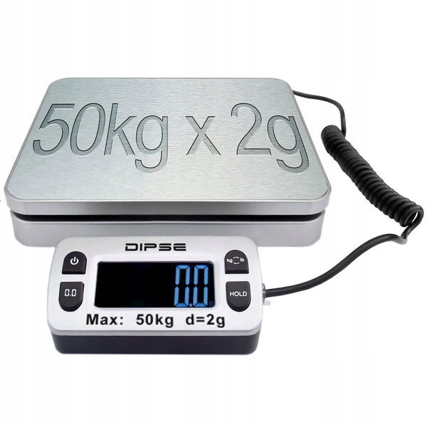 WAGA PACZKOWA 50 KG/2G, STAL NIERDZEWNA, ZEWNĘTRZNY LCD, TARA I HOLD, KABEL