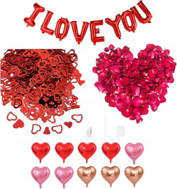 DEKORACJA ROMANTYCZNA BALONY SERCA KONFETTI PŁATKI RÓŻ I LOVE YOU
