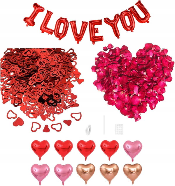 DEKORACJA ROMANTYCZNA BALONY SERCA KONFETTI PŁATKI RÓŻ I LOVE YOU