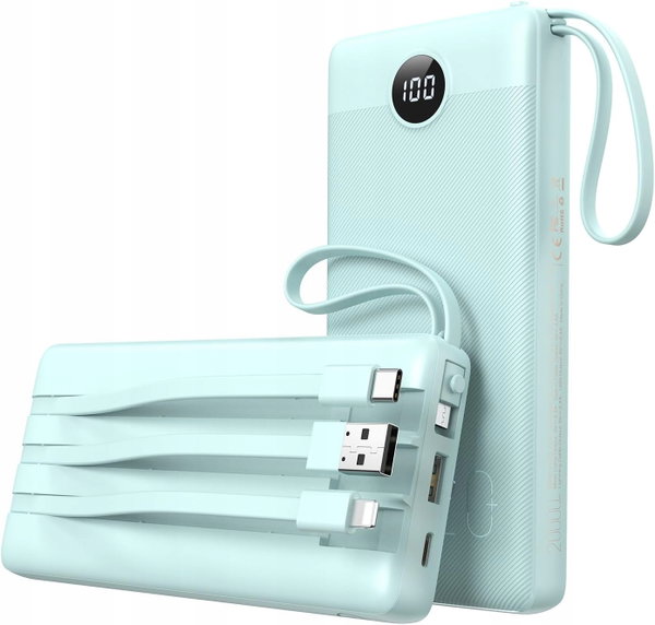 POWERBANK 20000MAH 2.4A Z WBUDOWANYMI KABLAMI NIEBIESKI