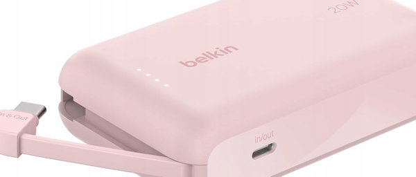 POWERBANK 10000MAH 20W USB-C Z WBUDOWANYM KABLEM RÓŻOWY