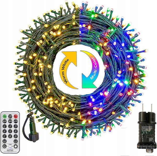 ŁAŃCUCH ŚWIETLNY LED 10 M 100 DIOD RGB CIEPŁA BIEL PILOT TIMER ZEWNĘTRZNY