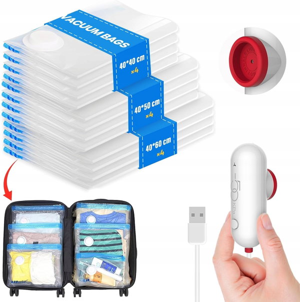 WORKI PRÓŻNIOWE NA UBRANIA 12 SZT Z POMPĄ USB