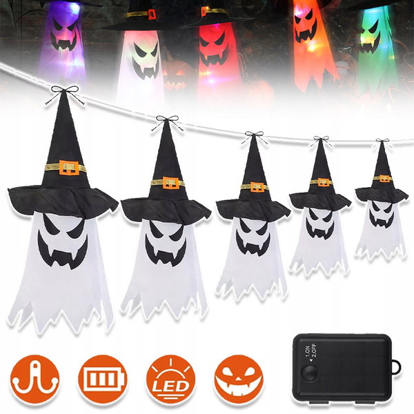 Dekoracja LED na Halloween, z kapeluszem czarownicy, ciepła biel, duchy