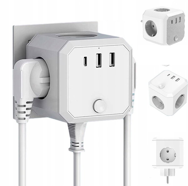 Kostka zasilająca z USB, listwa zasilająca 5-drożna z 4 USB, 2M