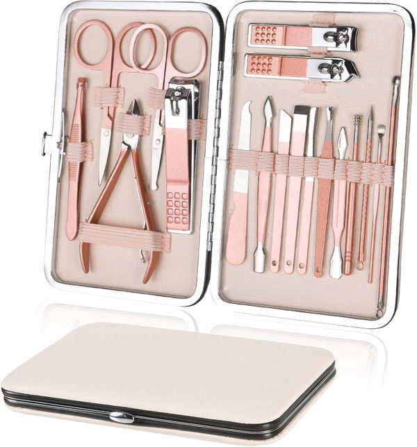 MANICURE PROFESJONALNY 18-ELEMENTOWY W ETUI SKÓRZANYM RÓŻOWY