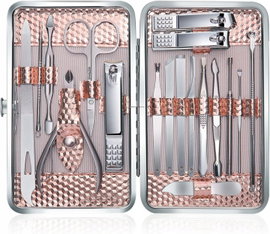 MANICURE I PEDICURE 18-ELEMENTOWY W ETUI SKÓRZANYM RÓŻOWE ZŁOTO