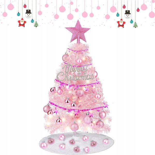 CHOINKA SZTUCZNA MINI RÓŻOWA 60 CM Z OZDOBAMI I ŚWIATŁAMI LED DIY