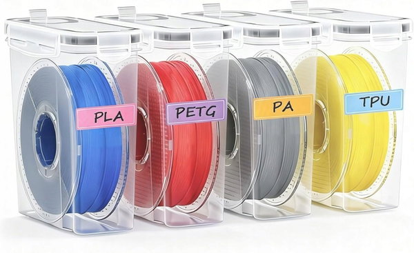 POJEMNIKI DO PRZECHOWYWANIA FILAMENTU 3D Z OSUSZACZEM – 4 SZTUKI