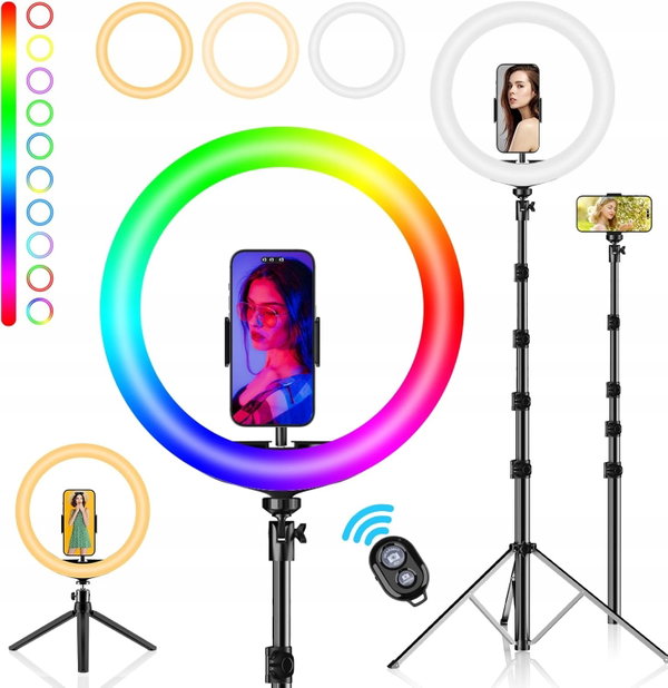 LAMPA PIERŚCIENIOWA RGB 30,5 CM STATYW 186CM UCHWYT TELEFONU
