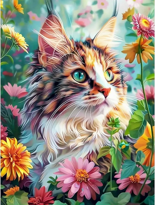 MALOWANIE PO NUMERACH KOT Z KWIATAMI 30 × 40 CM DIY