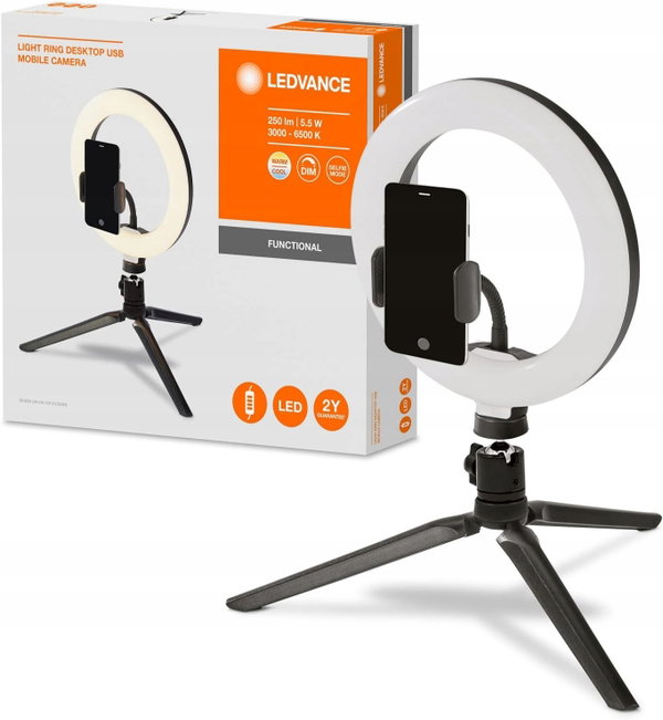 LAMPA PIERŚCIENIOWA LED 19 CM BIURKOWA UCHWYT TELEFONU USB