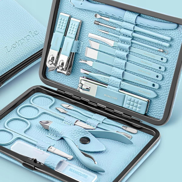 MANICURE I PEDICURE 18-ELEMENTOWY W ETUI LUKSUSOWYM NIEBIESKI