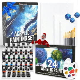 FARBY AKRYLOWE 24x12 ML Z PŁÓTNAMI PĘDZLAMI PALETĄ ZESTAW MALARSKI