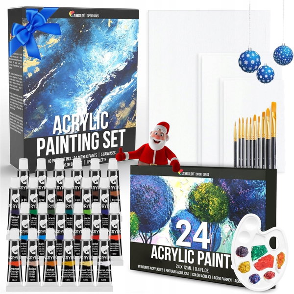 FARBY AKRYLOWE 24x12 ML Z PŁÓTNAMI PĘDZLAMI PALETĄ ZESTAW MALARSKI