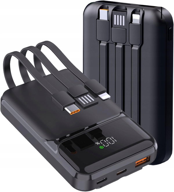 POWERBANK 10000MAH 22,5W Z WBUDOWANYMI KABLAMI CZARNY