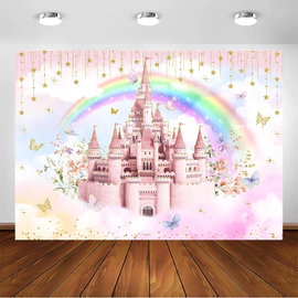 TŁO FOTOGRAFICZNE ZAMEK KSIĘŻNICZKA TĘCZA URODZINY 210x150CM