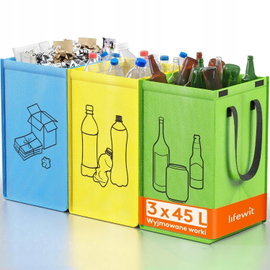POJEMNIKI NA ODPADY 3X45L SEGREGACJA ŚMIECI PAPIER SZKŁO PLASTIK SKŁADANE