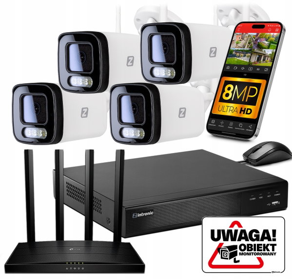 ZESTAW MONITORINGU 4X Kamera Tubowa IP WiFi 8MPx Detekcja ludzi bez dysku