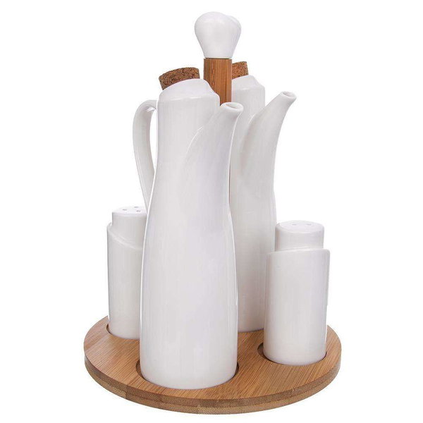 Solniczka, pieprzniczka, butelki na olej i ocet porcelanowa ze stojakiem