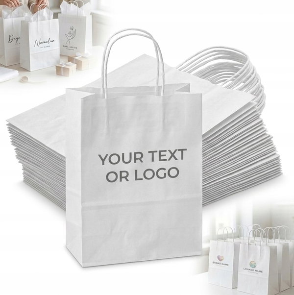 TOREBKA papierowa BIAŁA x100 SZTUK z DOWOLNYM NADRUKIEM 32×23,5 cm duża PL