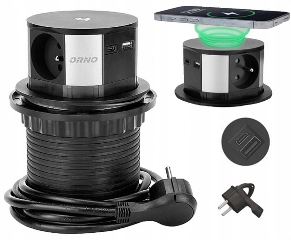 GNIAZDO MEBLOWE WYSUWANE Z BLATU 3X2PZ USBX2 ON-GM-9017 ORNO