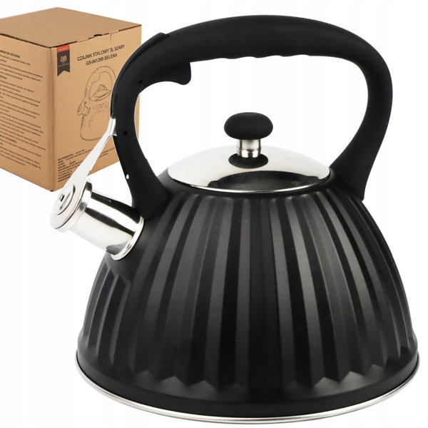 CZAJNIK na GAZ CZAJNIK z GWIZDKIEM POKRYWĄ 3L STAL INDUKCJA CZARNY SREBRNY