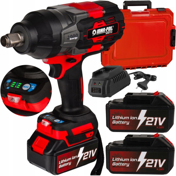 AKUMULATOROWY 21V KLUCZ UDAROWY 2000NM 3/4" BEZSZCZOTKOWY ELEKTRYCZNY 2x4Ah