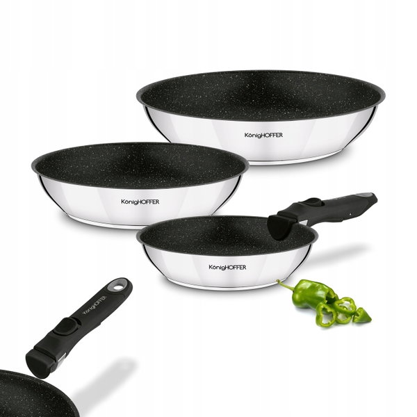 Zestaw PATELNI 3x Odpinana RĄCZKA INDUKCJA GAZ Konighoffer Colate 20x24x28