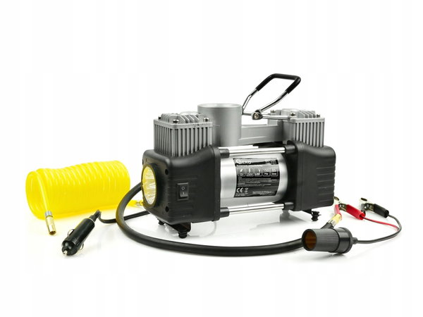 KOMPRESOR SAMOCHODOWY Z MANOMETRTEM 12V POMPKA SPRĘŻARKA 250W + NASADKI LED