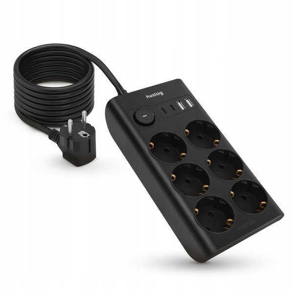 Przedłużacz Sieciowy Huslog HUS1052 2xUSB-A 2xUSB-C 3680W 1,5m Czarny