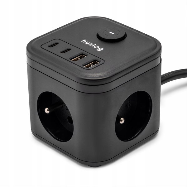 Przedłużacz listwowy Huslog 3 gniazda AC 2xUSB-C 2xUSB Czarny 1,4m HUS1003