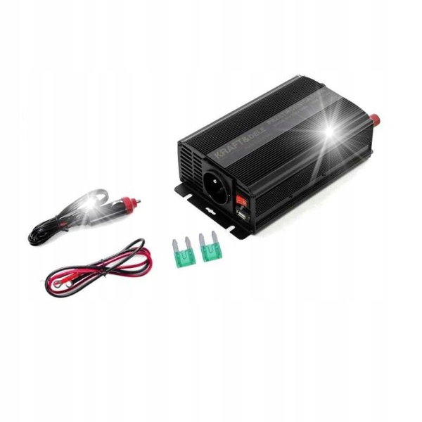 PRZETWORNICA NAPIĘCIA CZYSTA SINUSOIDA 12V 230V 300/600W KABLE BEZPIECZNIKI