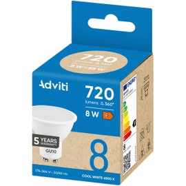 Żarówka LED GU10 8W 720lm Barwa ZIMNA 6500K 120° Energooszczędna ADVITI